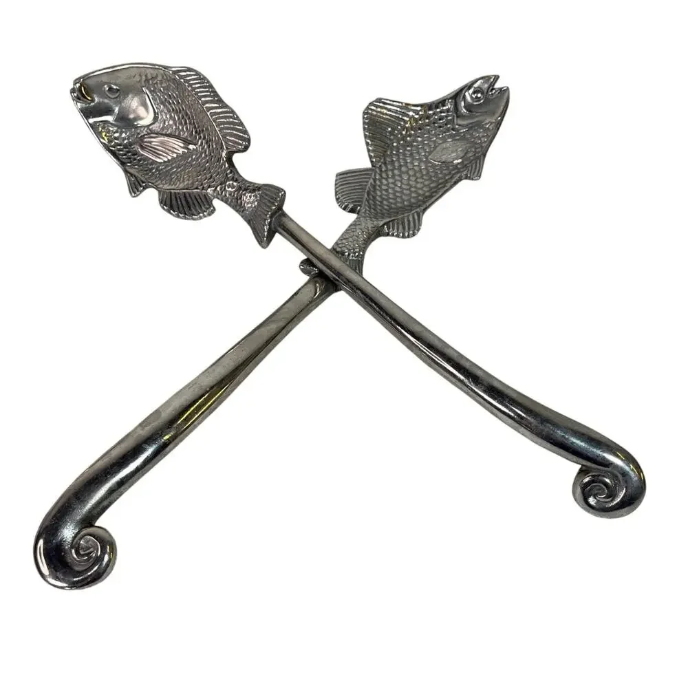 Art Metal Fish Decor Salad Servers Silver Tone Aluminum 13